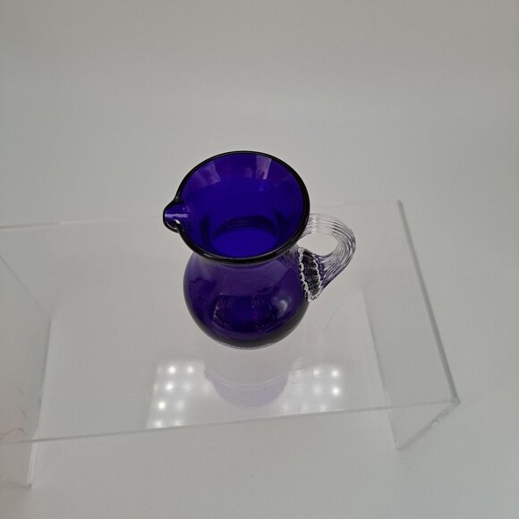 Pilgrim Glass Cobalt Blue Pitcher Clear Ribbed Applied Handle Vintage - Picture 5 of 10
